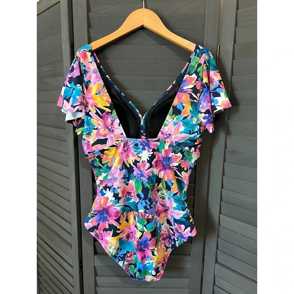 Swim Solutions Garden‎ Dreams Print Flutter Sleeve One-Piece Swimsuit Size 12 - Picture 5 of 7